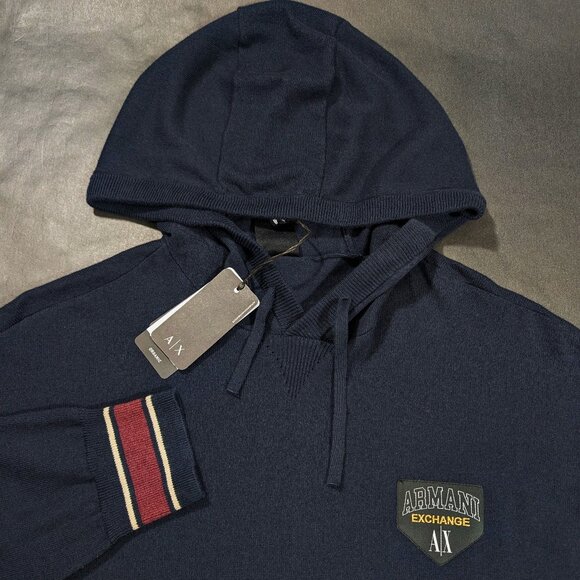 $160 Armani Exchange AX Men's Dark Blue Pullover Hoodie Size XL Organic Cotton